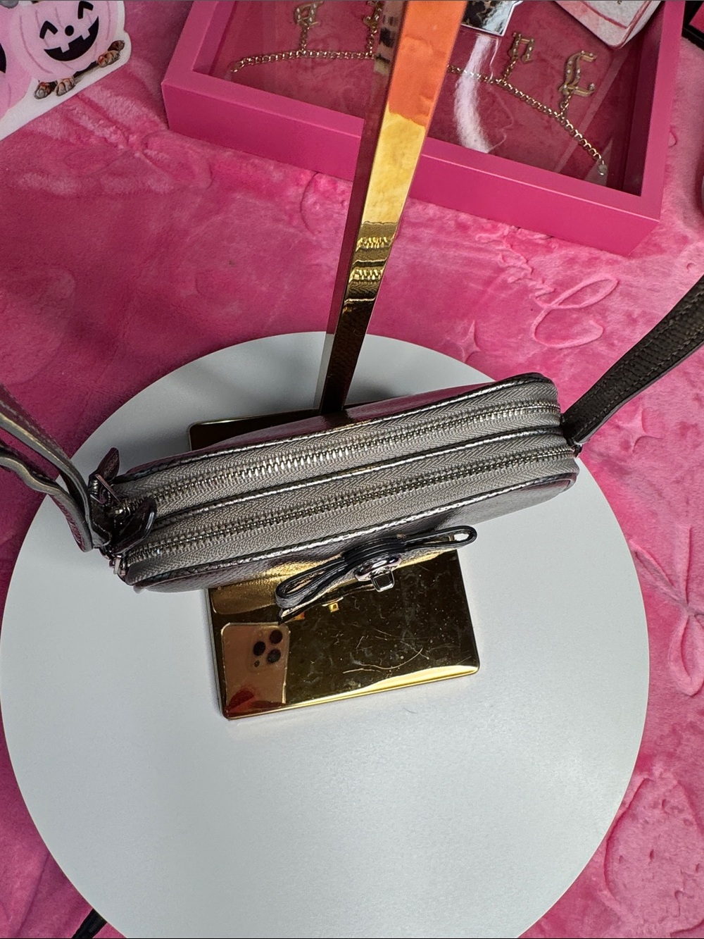 Coach Silver Metallic Saffiano Double Zip Mini Crossbody (Metallic Gray) - Picture 13 of 13